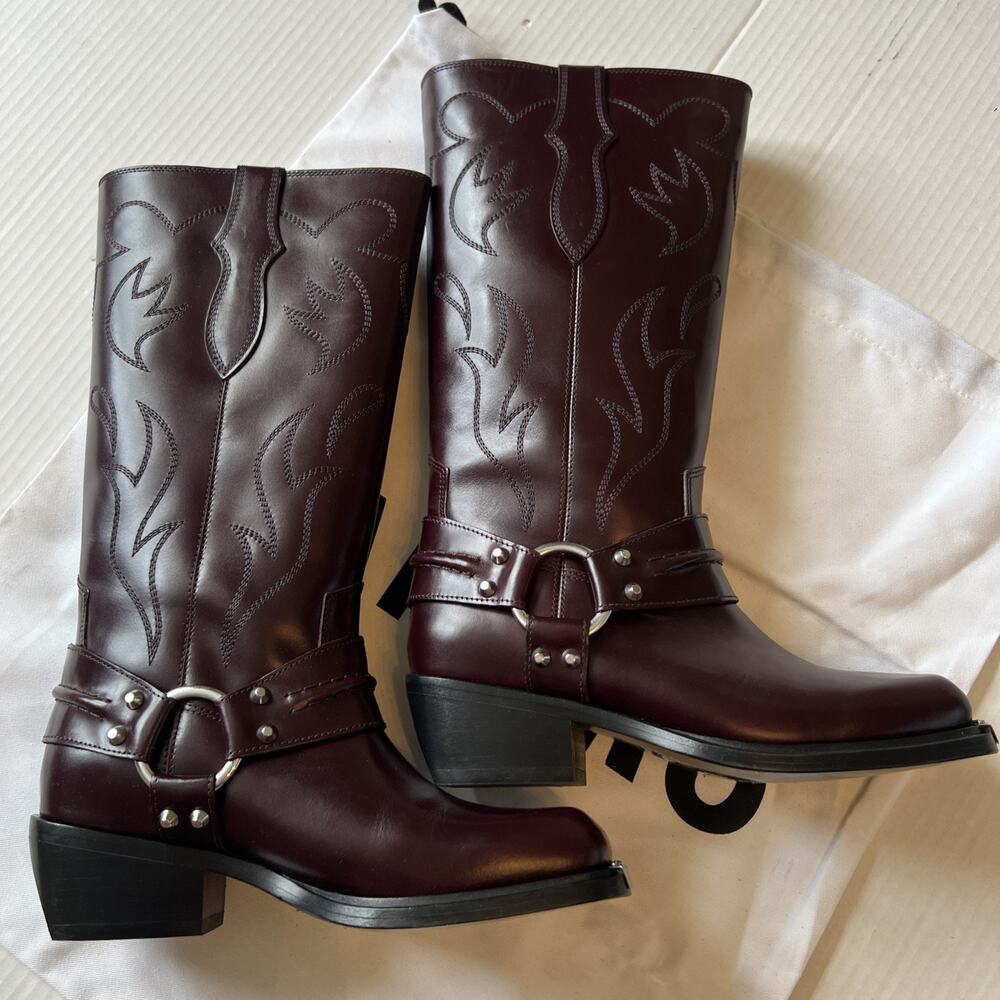 Sandro Sz 7 Burgundy Embroidered Leather Cowboy Boots NWB - Picture 4 of 15